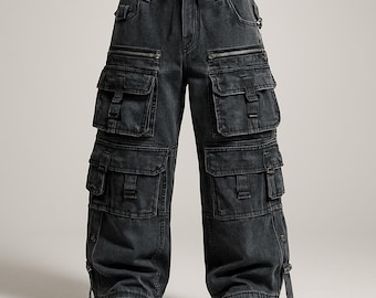 Men’s Grey Denim Cargo Pants – Oversized Baggy Streetwear with Multi Pockets, Y2K Wide Trousers