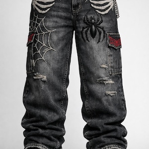 Y2K Gothic Spinnennetz Jeans Baggy Schwarz Distressed Denim Hose Weites Bein Oversized Streetwear