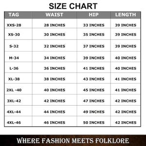 May include: A size chart for clothing, with measurements in inches. The chart includes waist, hip, and length measurements for sizes XXS-28 to 4XL-46. The text "WHERE FASHION MEETS FOLKLORE" is at the bottom.