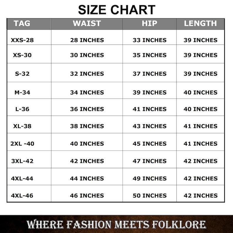 May include: A size chart for clothing, with measurements in inches. The chart includes waist, hip, and length measurements for sizes XXS-28 to 4XL-46. The text "WHERE FASHION MEETS FOLKLORE" is at the bottom.
