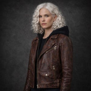 Könnte beinhalten: Braune Leder-Motorradjacke mit schwarzem Kapuzenpullover darunter. Die Jacke hat einen klassischen asymmetrischen Reißverschluss, mehrere Taschen und silberfarbene Hardware. Das Model hat kurze, lockige, weiße Haare und blickt direkt in die Kamera.