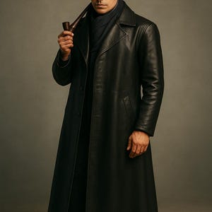 May include: A long black leather coat, cap, and scarf. The coat is buttoned and worn with black trousers and shoes. A brown pipe is held in the hand.