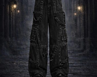 Men’s Gothic Baggy Cargo Jeans – Y2K Punk Wide Leg Denim Pant- Black Oversized Streetwear
