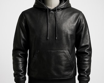 Men’s Handmade Black Sheepskin Leather Hoodie – Pullover Style Winter Streetwear Jacket with Kangaroo Pocket