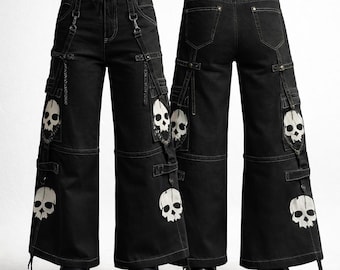 Y2K wijde cargobroek met gotische schedelprint | Wijde broek | Streetwear ravebroek | Kettingvak: