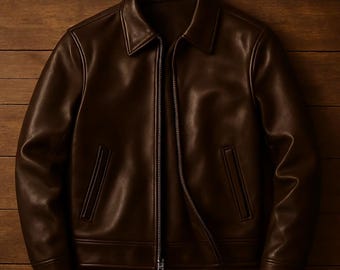 Chaqueta de cuero genuino marrón oscuro para hombre: estilo vintage clásico con cremallera, abrigo de trabajo minimalista hecho a mano.
