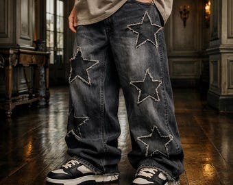 Luxury Vintage Washed Baggy Jeans with Distressed Star Patchwork – Men’s Streetwear Denim Pants