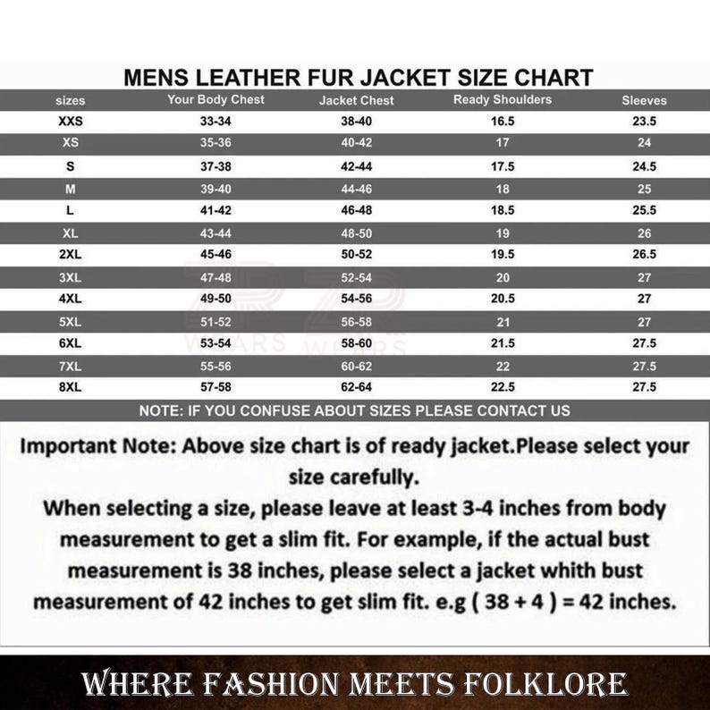 Puede incluir: Una tabla de tallas para chaquetas de cuero y piel para hombre, con medidas en cent&iacute;metros para pecho, hombros y mangas. Incluye una nota sobre la selecci&oacute;n de la talla correcta para un ajuste entallado. El texto "WHERE FASHION MEETS FOLKLORE" est&aacute; en la parte inferior.