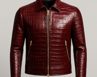 Luxury Burgundy Crocodile Embossed Leather Jacket for Men – Genuine Red Biker, Alligator Texture Coat