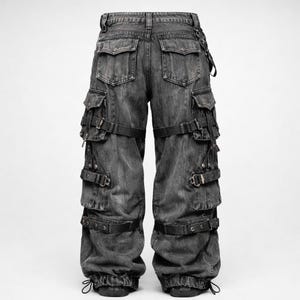 Puede incluir: Pantalones cargo de mezclilla negra descolorida con m&uacute;ltiples bolsillos y correas ajustables. Los pantalones tienen un ajuste relajado y cuentan con un cord&oacute;n en los tobillos. El dise&ntilde;o incluye hebillas y remaches met&aacute;licos.