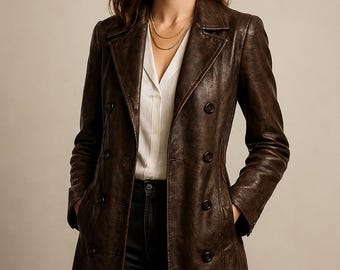 Women’s Handmade Dark Brown Leather Trench Coat – Long Jacket, Classic Gothic Style Outerwear