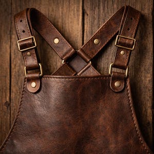May include: Close-up of a brown leather apron with adjustable straps and brass-coloured buckles. The apron has a textured surface and is designed with a cross-back strap style. The background is a wooden surface.