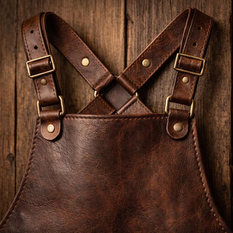 May include: Close-up of a brown leather apron with adjustable straps and brass-coloured buckles. The apron has a textured surface and is designed with a cross-back strap style. The background is a wooden surface.