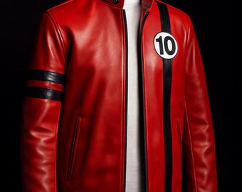 Ben 10 Inspired Red Leather Cosplay Jacket – Albedo Biker| Handmade Superhero Halloween Costume