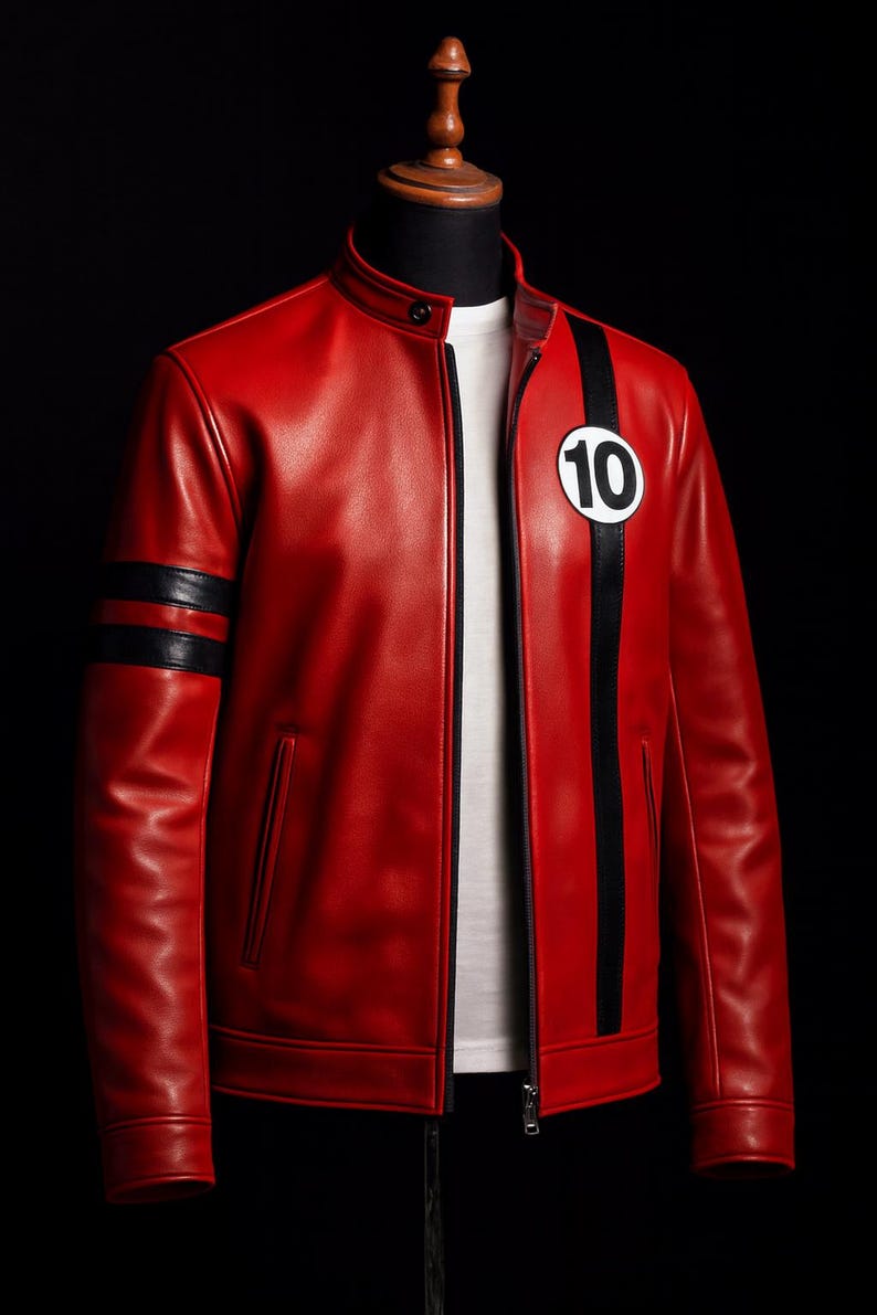 Puede incluir: Chaqueta de cuero roja con rayas negras en las mangas y una franja vertical. Un c&iacute;rculo blanco con el n&uacute;mero 10 est&aacute; en el pecho. La chaqueta tiene cuello alto y cierre de cremallera.