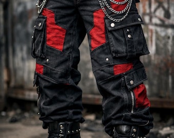 Men’s Black & Red Cyberpunk Cargo Pants – Gothic Streetwear Tech wear Trousers with Chains Pockets