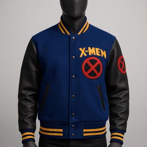May include: A blue and black varsity jacket with the yellow text "X-MEN". The jacket has a red and black emblem on the chest and left sleeve. Yellow and black striped trim accents the collar, cuffs, and hem.