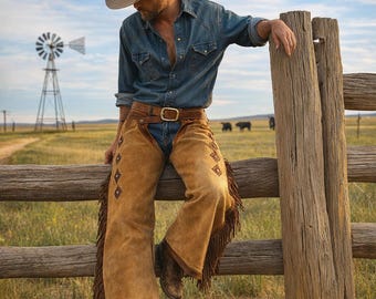 Handmade Western Cowboy Chaps – Tan Suede Leather Fringe Riding  Rodeo Pants | Vintage Western Gear