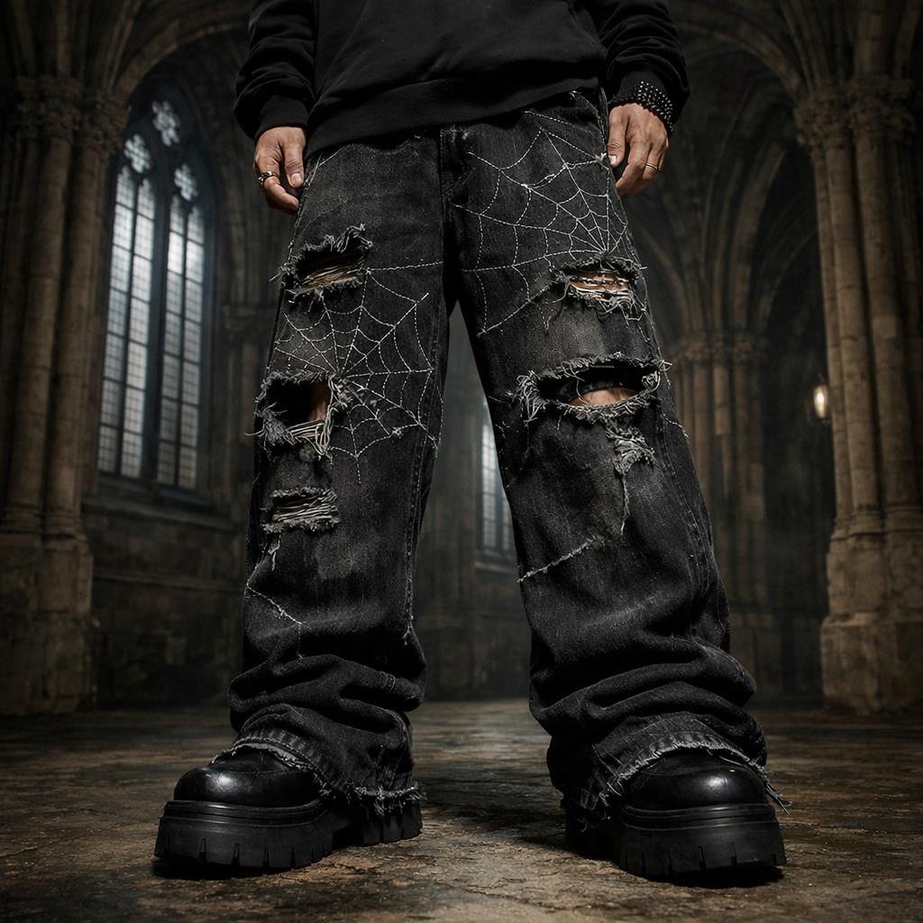 Men's Y2K Gothic Spider Web Baggy Jeans | Wide Distressed Black