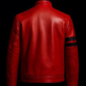 Puede incluir: Chaqueta de cuero roja vibrante exhibida en un maniqu&iacute;. La chaqueta presenta un cuello alzado, mangas largas y rayas negras en el brazo izquierdo. La vista trasera muestra la textura suave y el dise&ntilde;o a medida de la chaqueta.