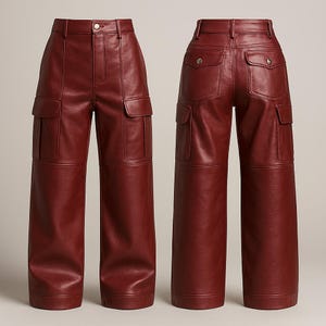 May include: Burgundy leather cargo trousers. These high-waisted trousers feature a button closure and multiple pockets, including two cargo pockets on each leg and two back pockets. The wide-leg design and rich colour give the trousers a stylish appearance.