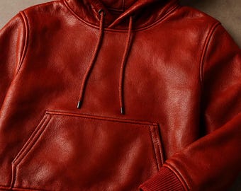 Men’s Handmade Red Genuine Leather Hoodie – Pullover Hooded Streetwear Jacket, Biker Style Winter Outerwear