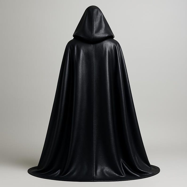 Op de afbeelding: Een zwarte cape met capuchon, waarschijnlijk gemaakt van een glad, leerachtig materiaal. De cape heeft een volledige capuchon en reikt tot de vloer. De afbeelding is van achteren genomen en toont het ontwerp en de textuur van de cape. De cape is effen zwart.