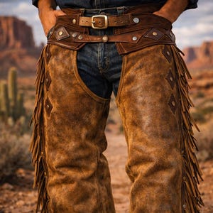 May include: Brown leather chaps with fringe detail and decorative diamond-shaped accents. The chaps are worn with a matching belt featuring a gold buckle and studded embellishments. The image is set against a desert landscape.