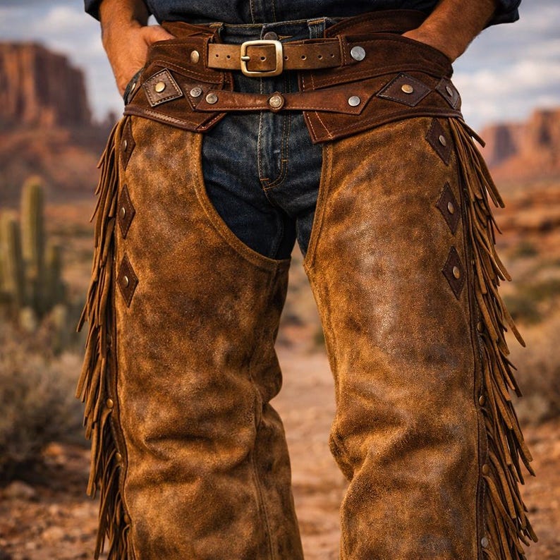 May include: Brown leather chaps with fringe detail and decorative diamond-shaped accents. The chaps are worn with a matching belt featuring a gold buckle and studded embellishments. The image is set against a desert landscape.