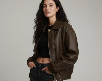 Women’s Handmade 90s Vintage Brown Leather Bomber Jacket – Dark Chocolate Leather Classic Retro Style
