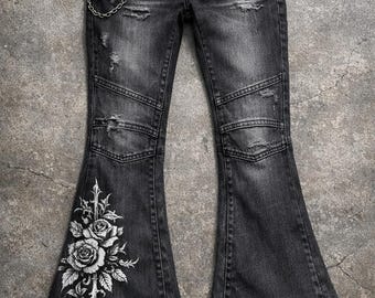 Women’s Y2K Gothic Flare Jeans with Chain | Vintage Distressed Black Bottom Denim Pants