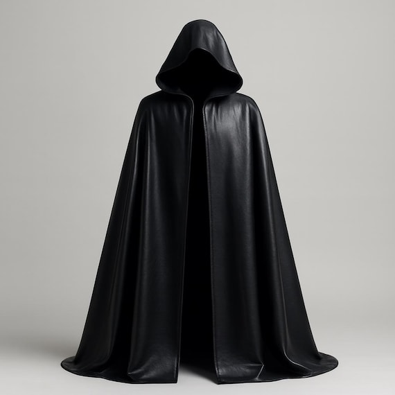 Men’s Black Hooded Leather Cloak – Gothic Medieval Cape for Cosplay, Halloween & Dark Fantasy Costume