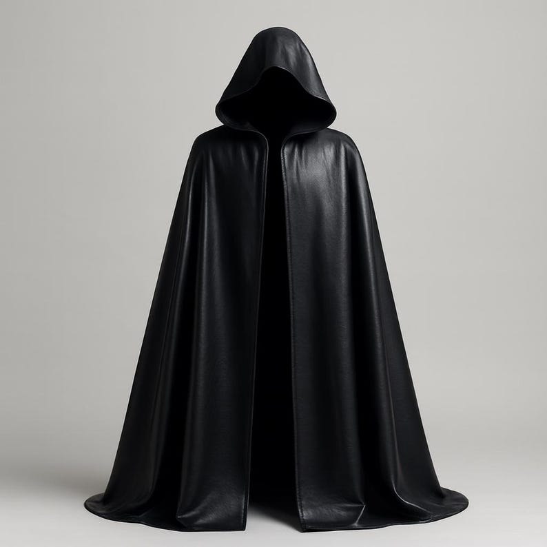 Op de afbeelding: Een lange, zwarte cape met capuchon. De cape is gemaakt van een gladde, donkere stof en heeft een diepe capuchon. De voorkant van de cape is open. Het kledingstuk is ontworpen om te draperen en te stromen, waardoor een dramatisch silhouet ontstaat.