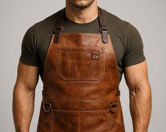 Handmade Brown and Black Leather Work Apron – Heavy Duty Craftsman, Barber & BBQ Apron
