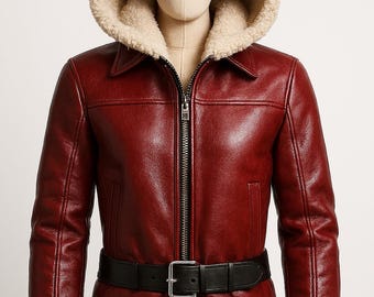 Men’s Handmade Red Leather Hooded Jacket with Faux Fur Lining – Christmas Winter Coat