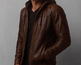 Men’s Distressed Brown Leather Hooded Jacket – Vintage Washed Genuine Leather Zip-Up Hoodie Coat