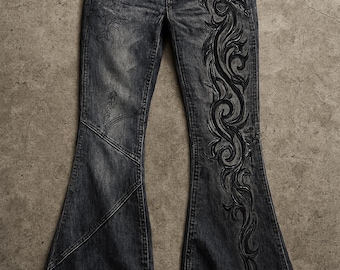 Vintage Y2K Women’s Gothic Embroidery Flared Denim Jeans | Wide Leg Goth Punk Streetwear Pants