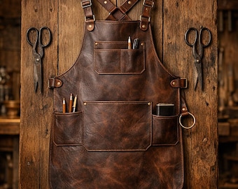 Genuine Brown Leather Apron – Handmade Full Grain Workshop Apron with Multi Tool Pockets
