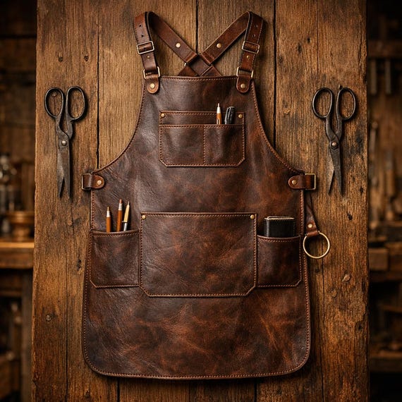 Genuine Brown Leather Apron – Handmade Full Grain Workshop Apron with Multi Tool Pockets