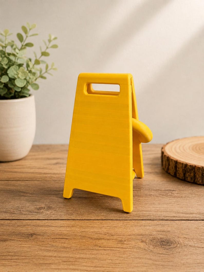 May include: A bright yellow, A-frame sign stand with a rectangular cutout handle at the top. The sign is constructed from a smooth, solid material and features a simple, upright design with four short legs, presented in a clean, minimalist aesthetic.
