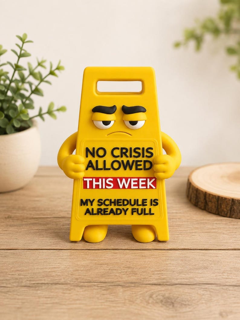 May include: A yellow plastic sign shaped like a caution floor sign with a cartoon face featuring furrowed brows. The text reads NO CRISIS ALLOWED THIS WEEK, with THIS WEEK in a red box, and MY SCHEDULE IS ALREADY FULL printed in black lettering.