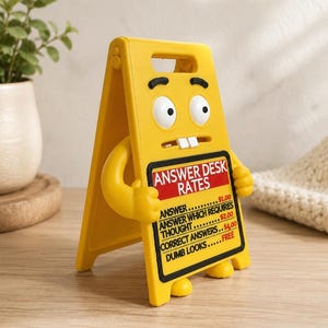 May include: A yellow A-frame sign character with a cartoon face, two white teeth, and arms holding a black sign board. The text reads: ANSWER DESK RATES, ANSWER $1.00, ANSWER WHICH REQUIRES THOUGHT $2.00, CORRECT ANSWERS $4.00, DUMB LOOKS FREE.