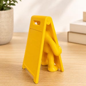 May include: A bright yellow plastic figure shaped like a person holding a blank A-frame sign. The figure has a smooth, matte finish and stands in a tripod position, with the sign panel angled forward and a handle cutout at the top of the frame.