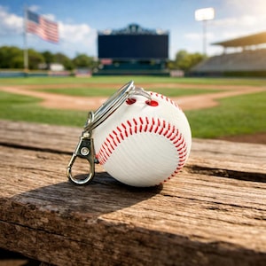 May include: A baseball keychain featuring a miniature baseball with red stitching and a silver-colored clasp. The keychain is resting on a wooden surface, with a baseball field and American flag in the background.