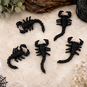May include: A set of four black scorpion figurines, each featuring a segmented body, two large pincers, and a curved tail with a stinger. The scorpions are arranged in a scattered pattern, displaying detailed textures on their exoskeletons.
