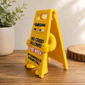 May include: A yellow A-frame sign figurine with a grumpy facial expression, featuring the black text NO CRISIS ALLOWED, the red and white text THIS WEEK, and the black text MY SCHEDULE IS ALREADY FULL printed on the front surface.