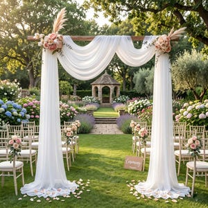 May include: An outdoor wedding ceremony setup featuring a wooden arch draped with white fabric and adorned with floral arrangements. The scene includes rows of chairs, a pathway, and a sign that reads "Ceremony."