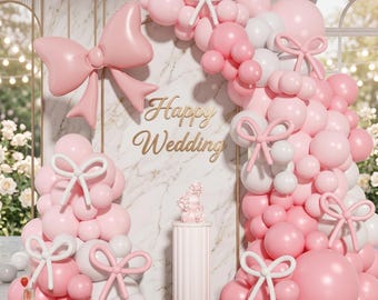 Coquette Pink Bow Balloon Arch Set, Pale White Baby Party Backdrop, 3D Giant Bow, DIY Bridal Wedding Party Decoration, Birthday Party