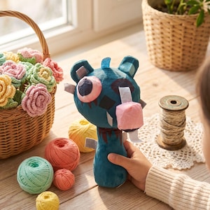 May include: A teal monster plushie with pink and white accents is held by a person. The plushie has large, round eyes and a blocky mouth. A basket of crocheted flowers and several balls of yarn in various colors are also visible.