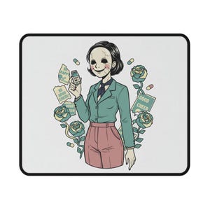 May include: Mousepad featuring a stylized illustration of a person with a blank face, wearing a green jacket and pink pants. The person holds a bottle labeled "JOY" and is surrounded by pills and roses. Text on the mousepad reads "BE HAPPY", "BE GOOD CHEER".